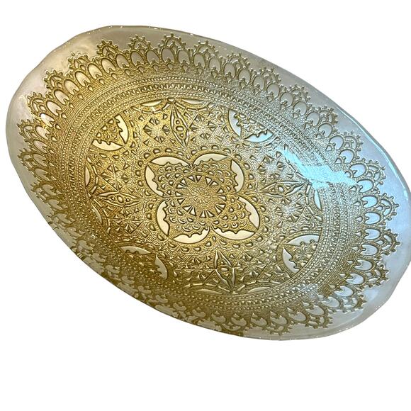 Artistic Accents Mandala Turkish Gold Lace Glass Oval Serving Bowl 12.5in New - Picture 6 of 16